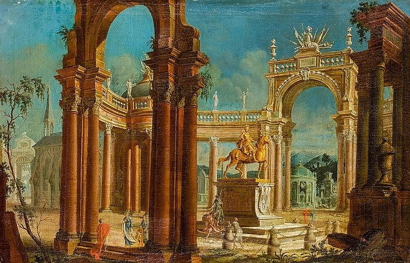 Monumento equestre di un antico imperatore nelle rovine di un colonnato con due portali a forma di archi trionfali